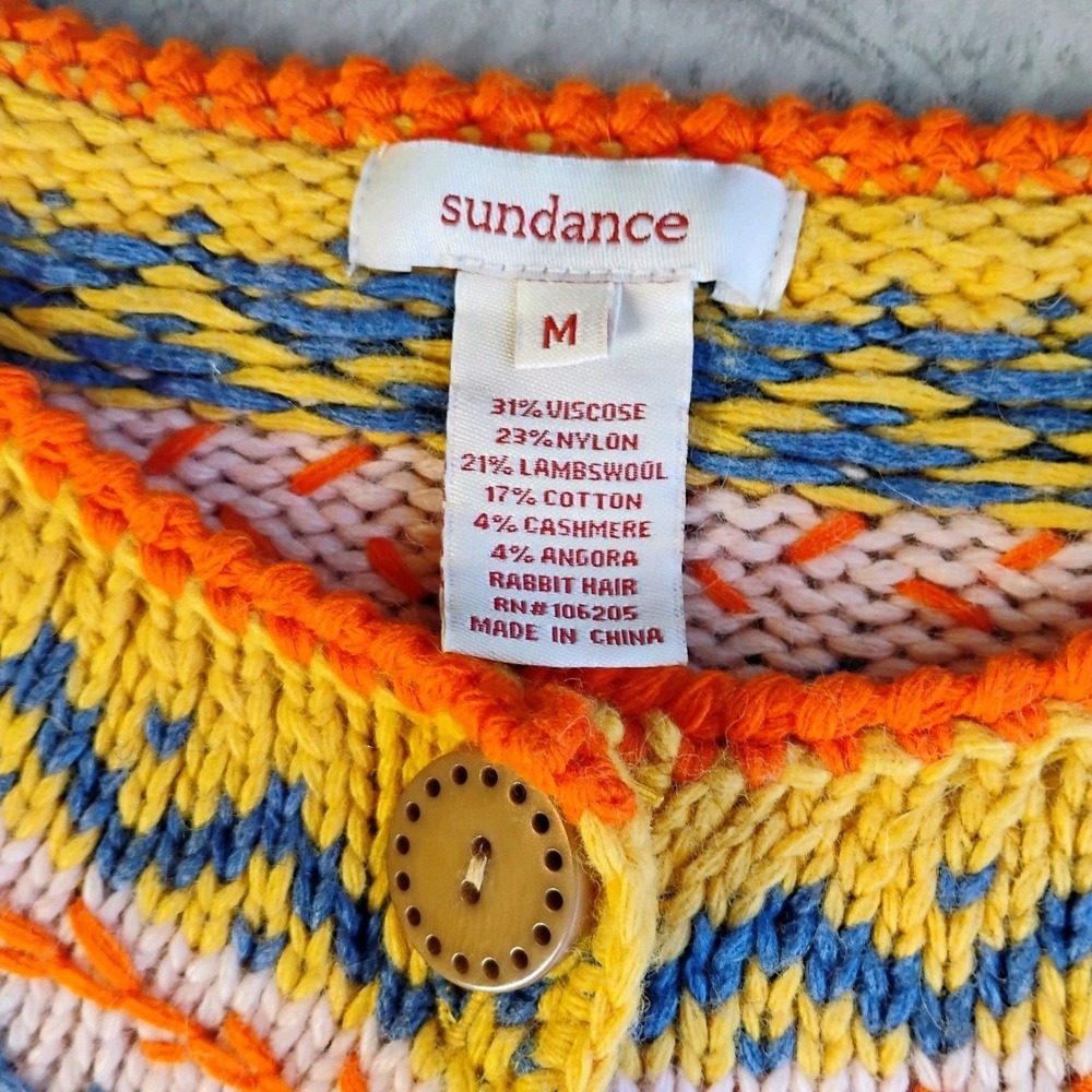 Sundance Cardigan Sweater Womens M Wool Cashmere Blend Yellow Fair Isle Nordic - Picture 6 of 9